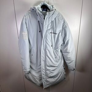 Meters Bonwe Actshine Men L Light Blue Hooded Puffer BE NOT AFRAID Winter Parka